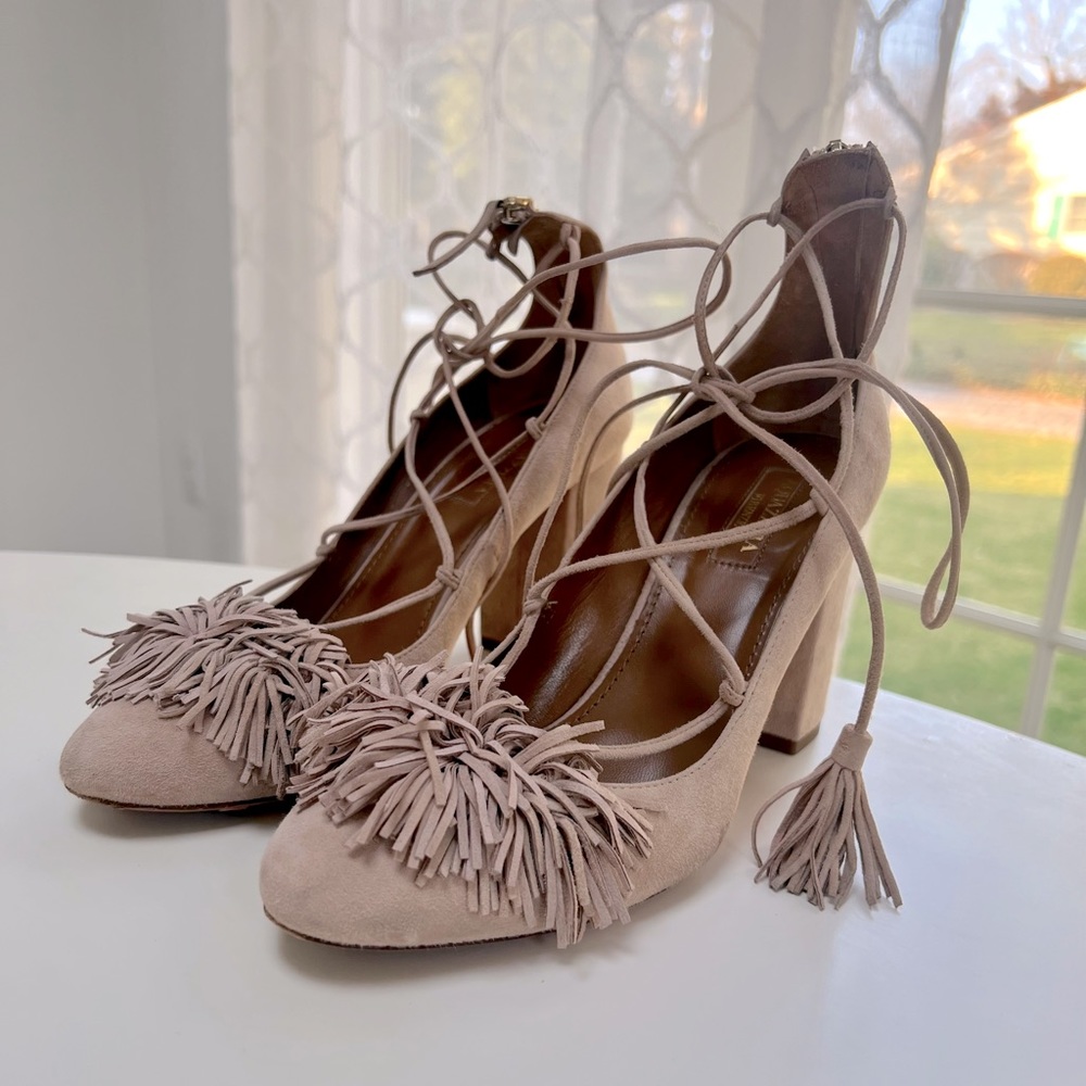Aquazzura Suede Fringe Pom Pom Heels